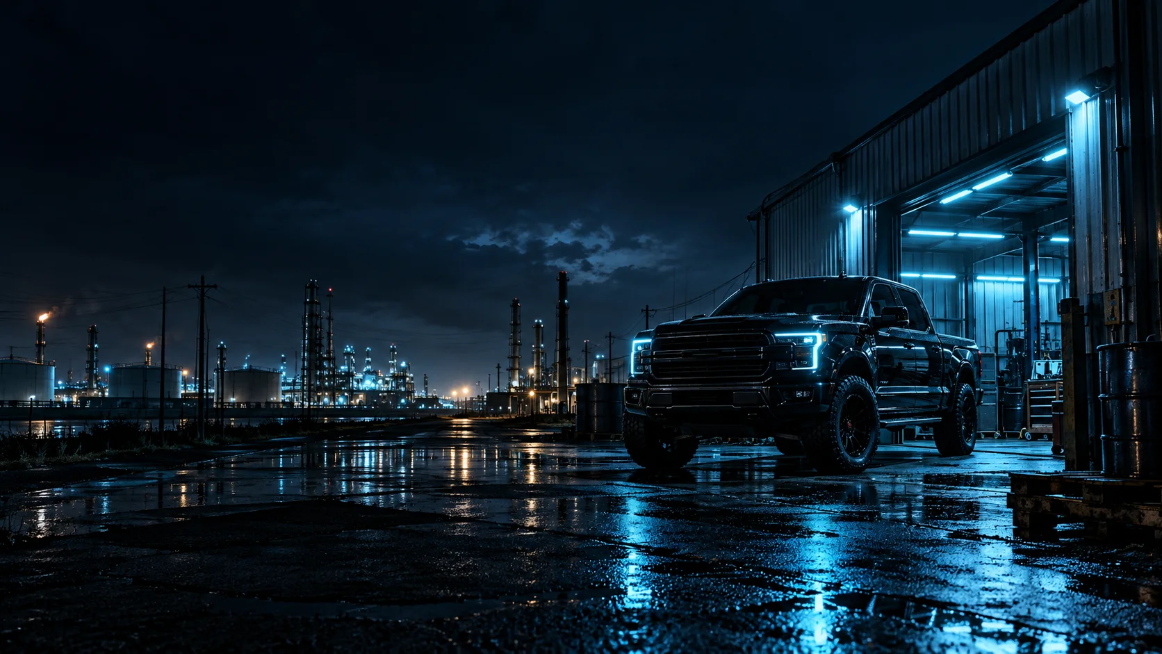 Cyan-lit industrial nightscape, an artistic vision of independent Southeast Texas